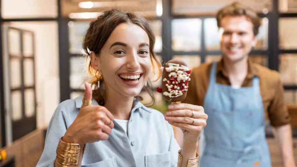 How to promote your business locally - picture of a happy customer holding a a chocolate lolly