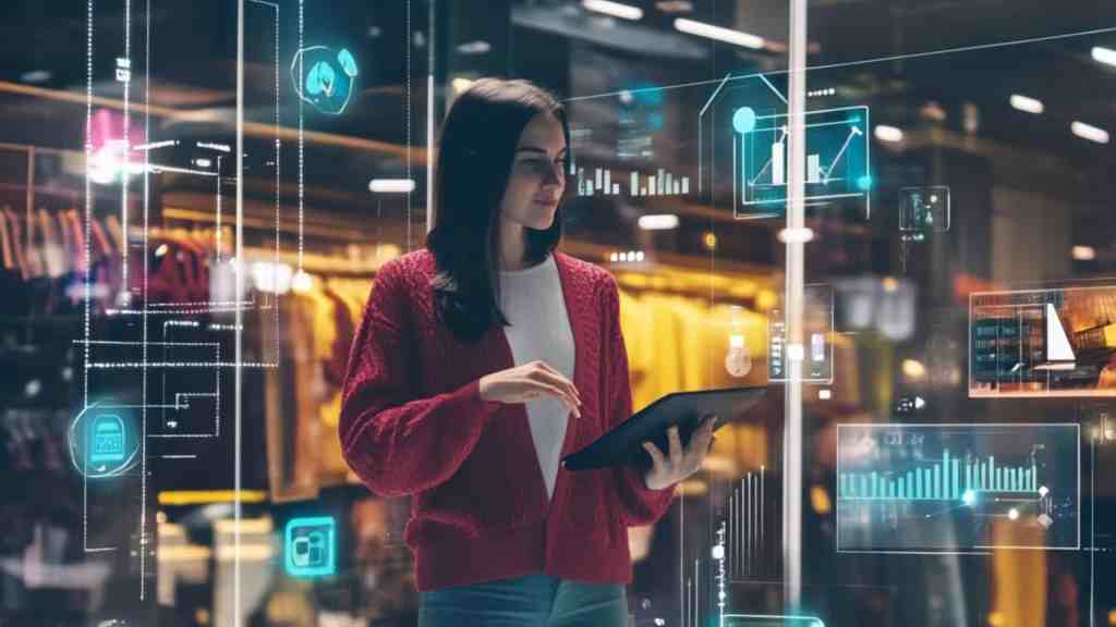 Storytelling Pillar Page - 360 Marketing Consultancy – Marketing Strategy & Architecture for SMEs A boutique owner using interactive analytics to connect with customers, showcasing storytelling in marketing.