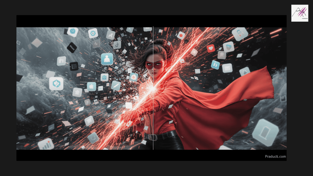 Tech-Superhero-Cutting-Through-SaaS-Chaos 1 - 360 Marketing Consultancy – Marketing Strategy & Architecture for SMEs Sierra Slash slashing through a storm of app icons with a digital blade
