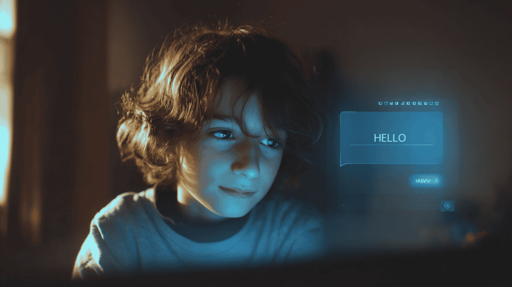Child interacting with an AI chatbot on screen at home.